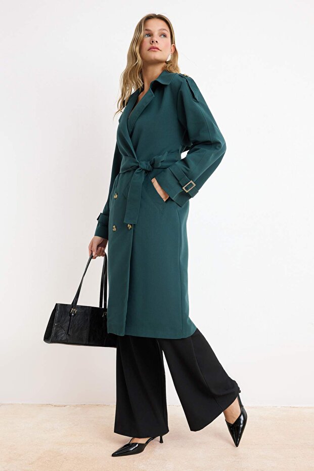 Yeşil Oversize Kuşaklı Trençkot TWOSS21TR0005 - 2