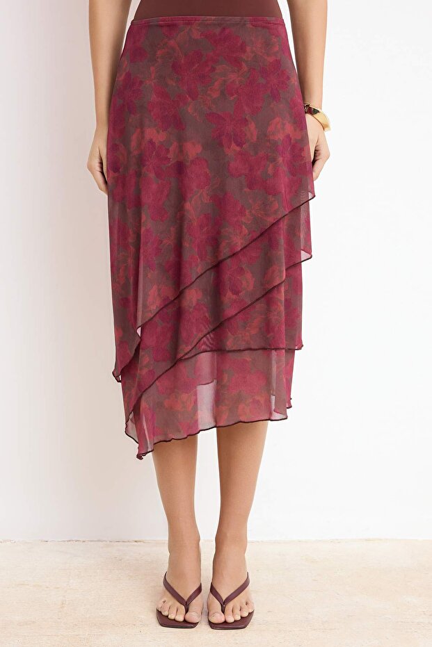 Bordo Fırfırlı Soyut Desenli Örme Etek TWOAW26ET00084 - 3