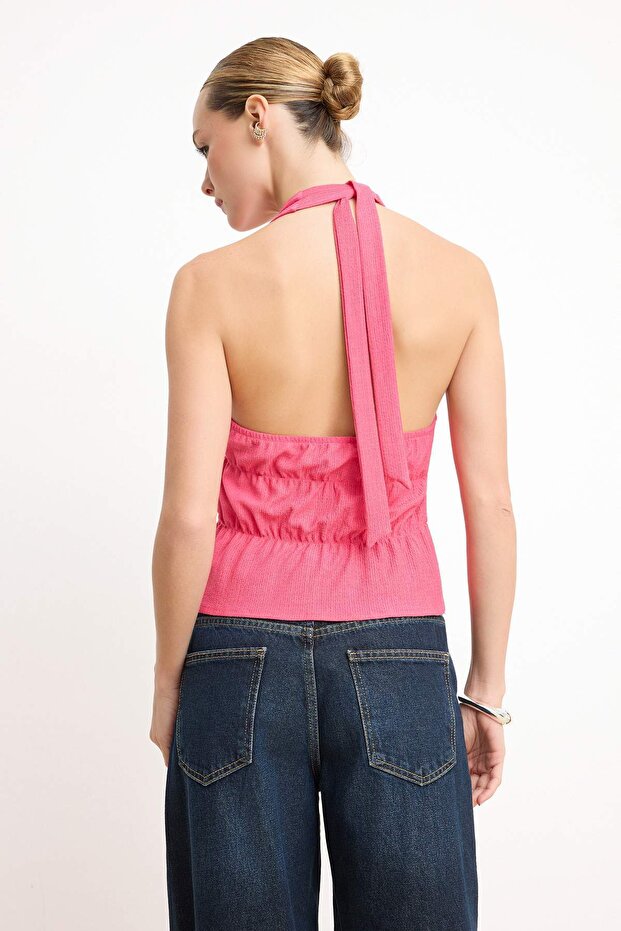 Fuşya V Yaka Bağlama Detaylı Örme Bluz TWOSS25BZ00227 - 4