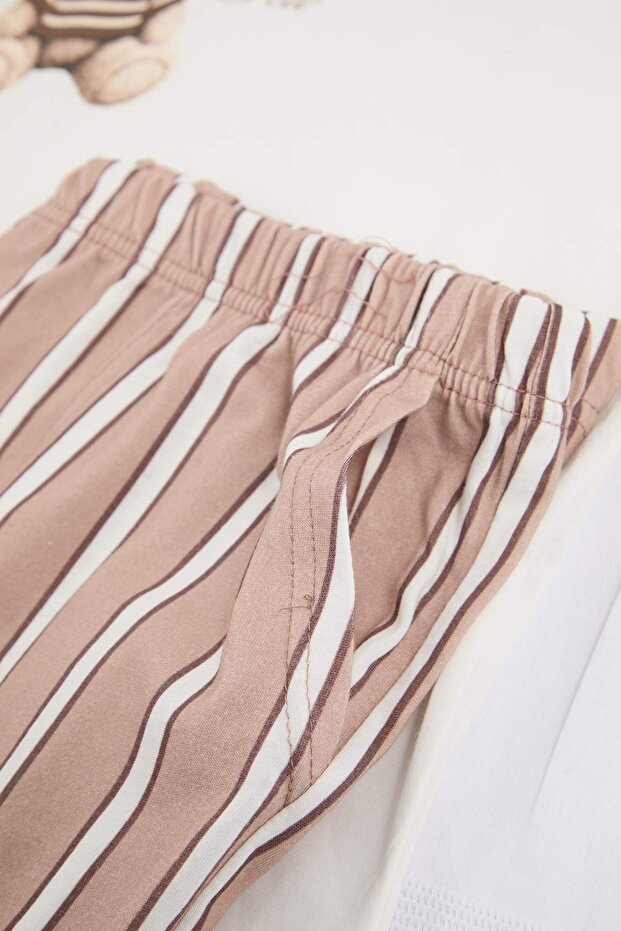 Kahverengi Ayıcık Nakışlı Çizgili Örme Büyük Beden Pijama Takımı TBBSS26AI00003 - 6