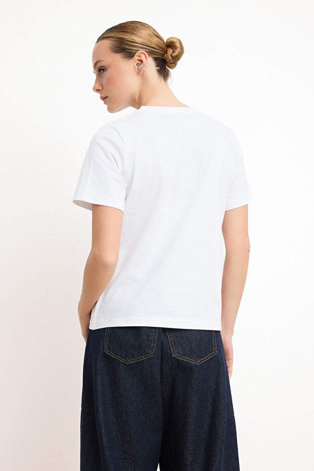 Ekru Slogan Regular/Normal Kalıp Kısa Kollu Tok %100 Pamuk Örme T-Shirt TWOSS26TS00120 - 4