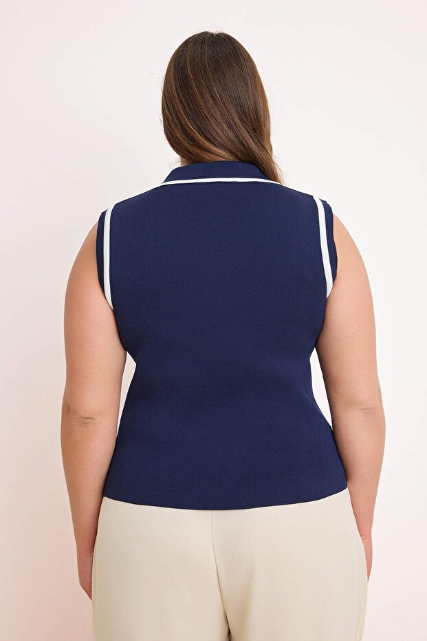 Lacivert Polo Yaka Çizgi Detaylı İnce Yazlık Triko Bluz TBBSS26AF00034 - 4
