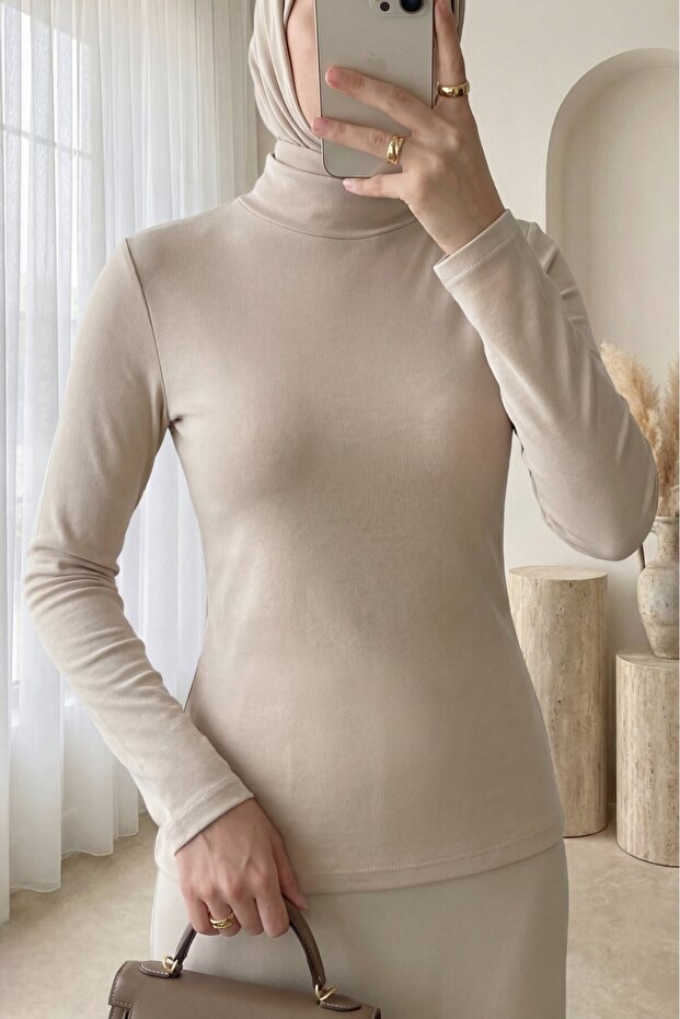 High Collar Long Sleeve Undershirt Blouse -Beige