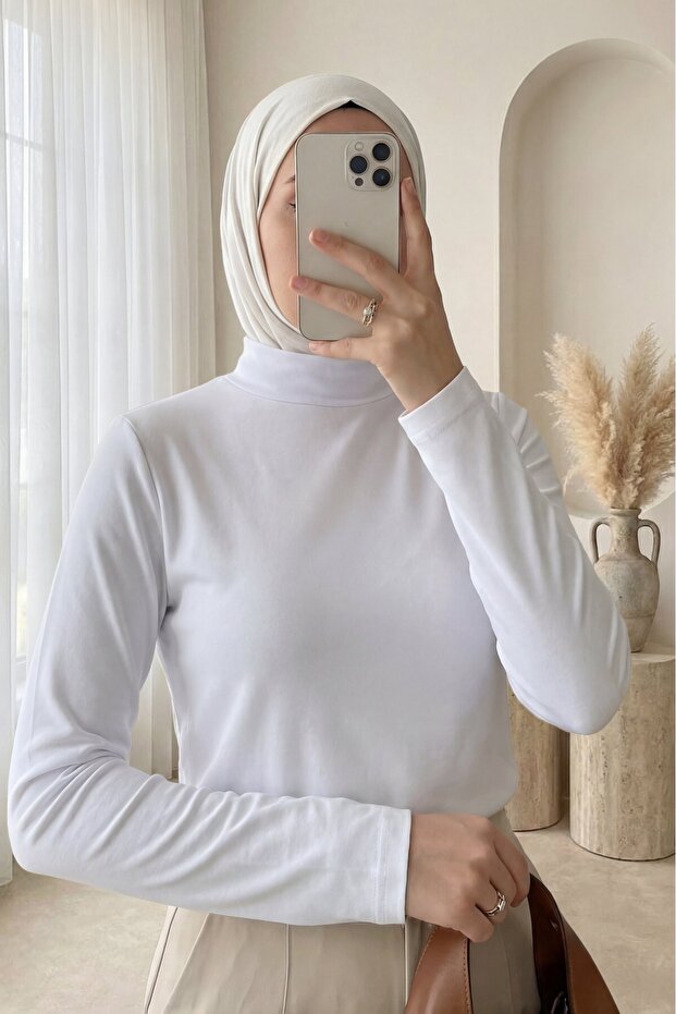 High Collar Long Sleeve Undershirt Blouse -White