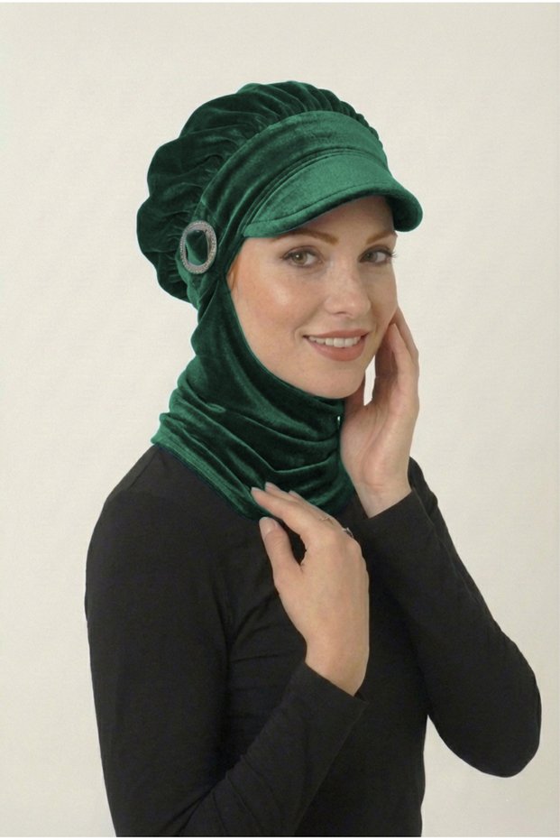 Velvet Hat with Scarf and Buckle Detail, Green Ready-To-Wear Turban Hijab Bonnet, Suitable for Medical Use