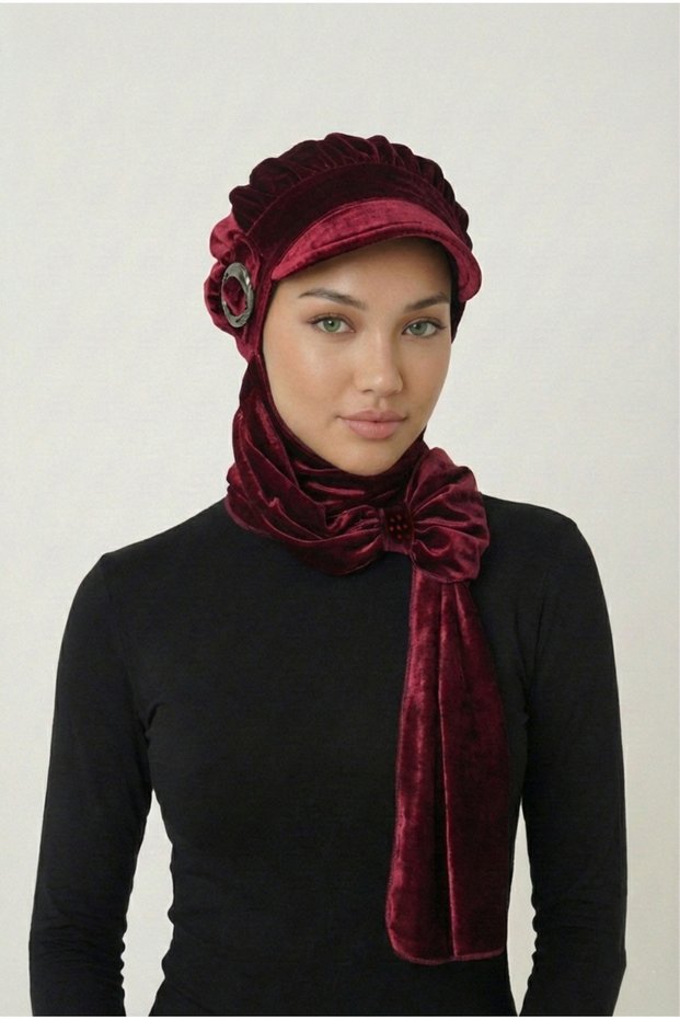 Velvet Hat with Scarf and Buckle Detail, Burgundy Ready-To-Wear Turban Hijab, Suitable for Medical Use