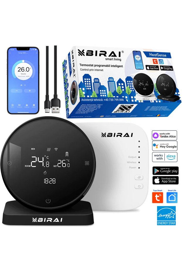 Termostat inteligent HeatSense WiFi, programabil, control prin aplicație, universal wireless