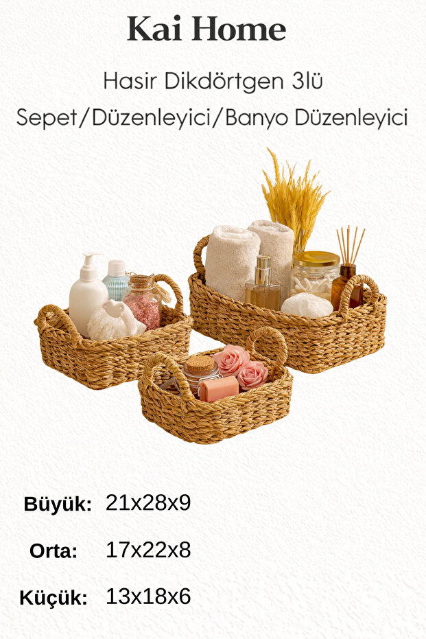 Hasır Dikdörtgen 3lü Sepet/düzenleyici/banyo Düzenleyici - 5