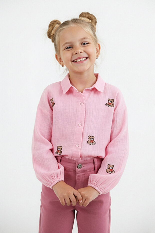 100% Cotton Teddy Bear Embroidered Girl's Shirt