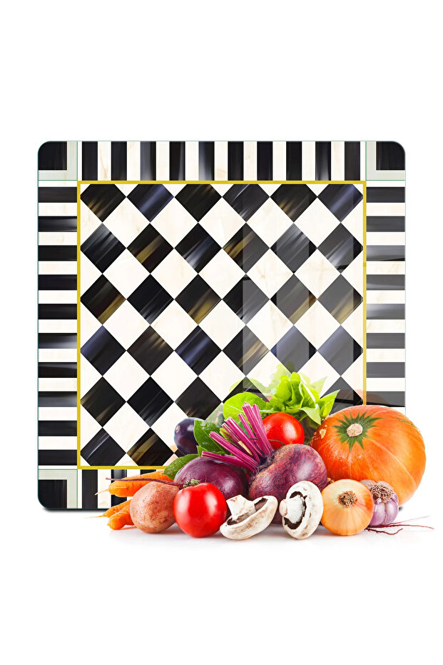 Glass Cutting Board and Presentation Tray Mackenzie Black and White Checkered 30X30 cm