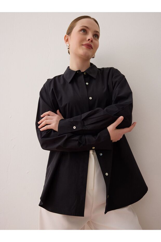 Geniş Manşetli Basic Poplin Gömlek - Siyah - Benin - 4