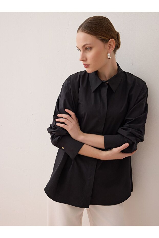 Geniş Manşetli Basic Poplin Gömlek - Siyah - Benin - 2