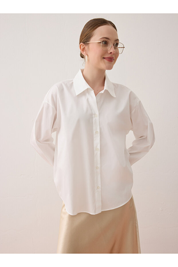 Off-Shoulder Basic Shirt - White - - 3