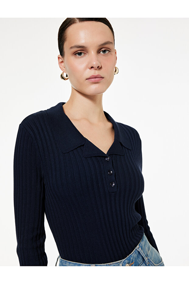 Half Button Detailed Long Sleeve Polo Neck Knitwear Sweater