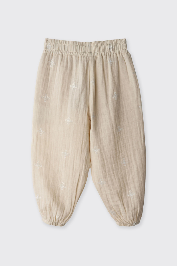 Baby Girl Embroidered Muslin Beige Trousers