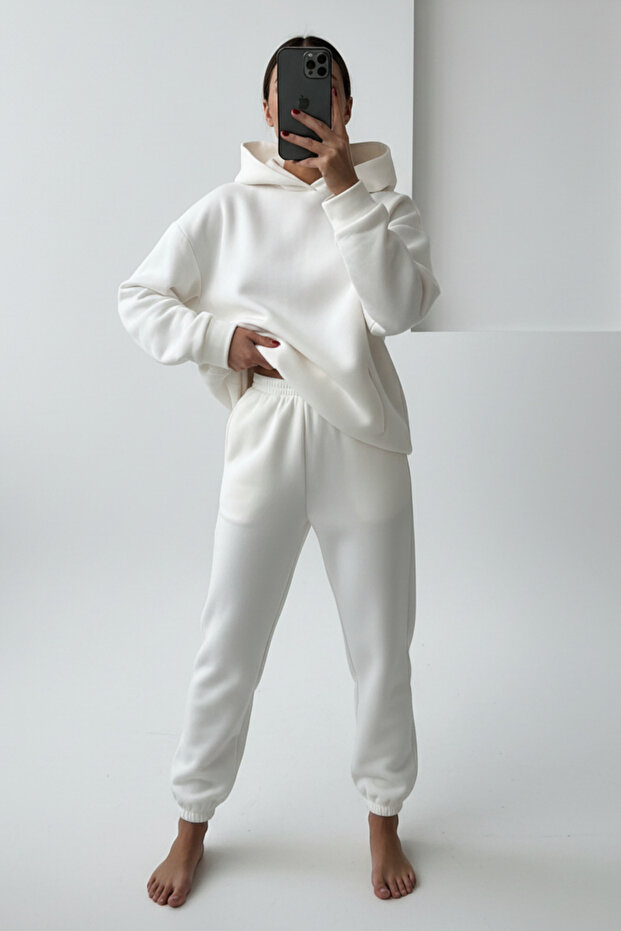 Women's 3 Thread Relaxed Fit Hooded Sweatpants Set with Elastic Legs - Casual