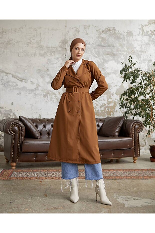 Tesettür Trençkot Taba - 5