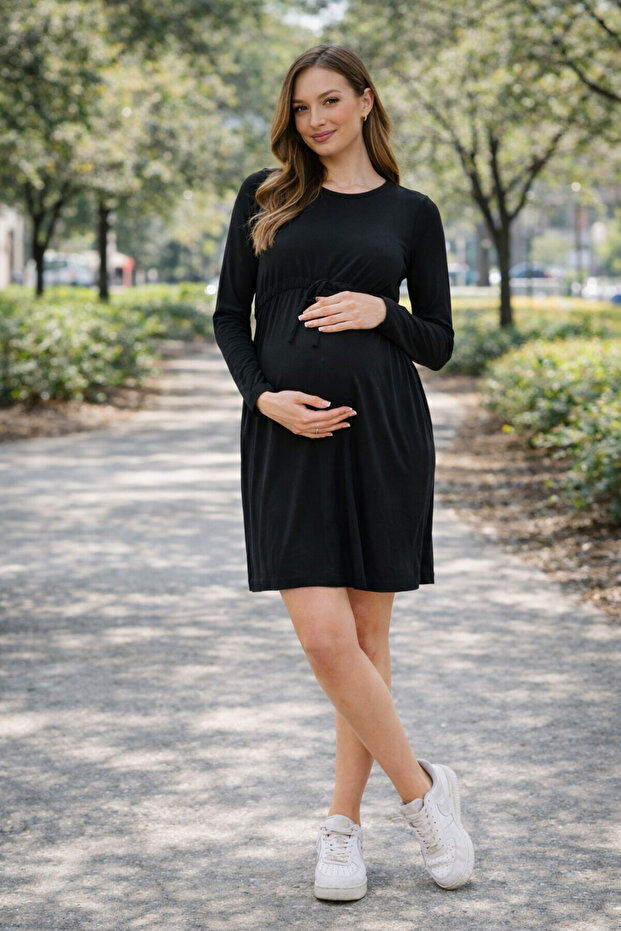 Black Long Sleeve Comfortable Cut Maternity Dress with Drawstring Detail at the Waist
