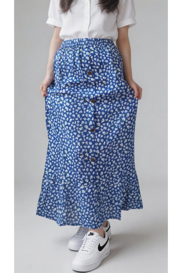 Light Blue Floral Patterned Viscose Maxi Skirt – Elastic Waist A-Line Long Skirt