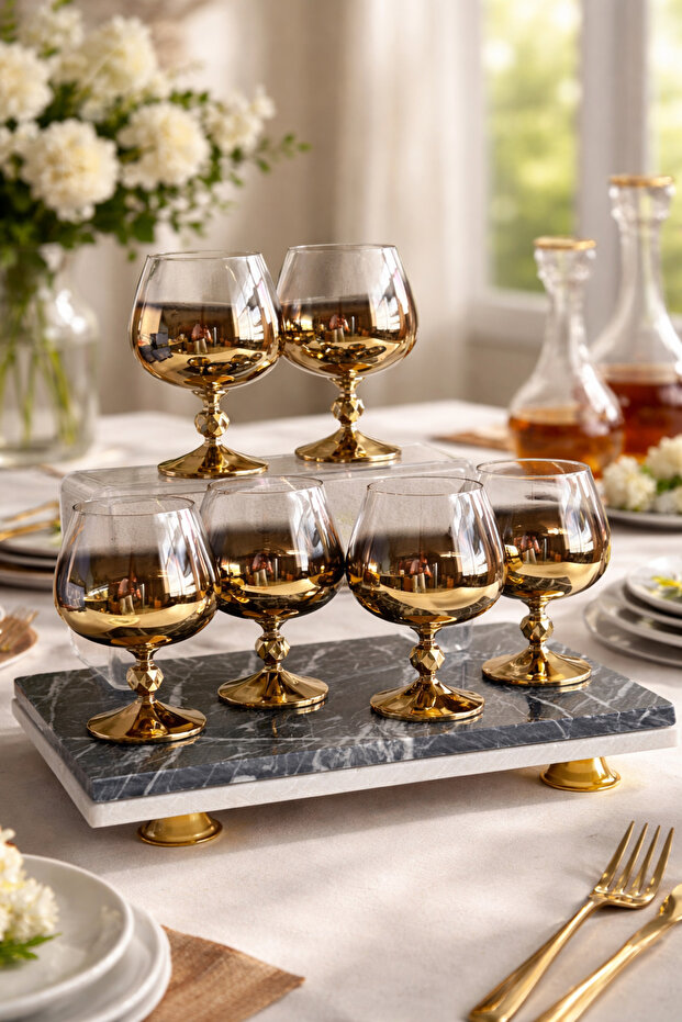 Crystal 6-Piece Titanium Plated Gold Color Footed Coffee Pot or Soft Drink Glass Crystal - 250 Cc