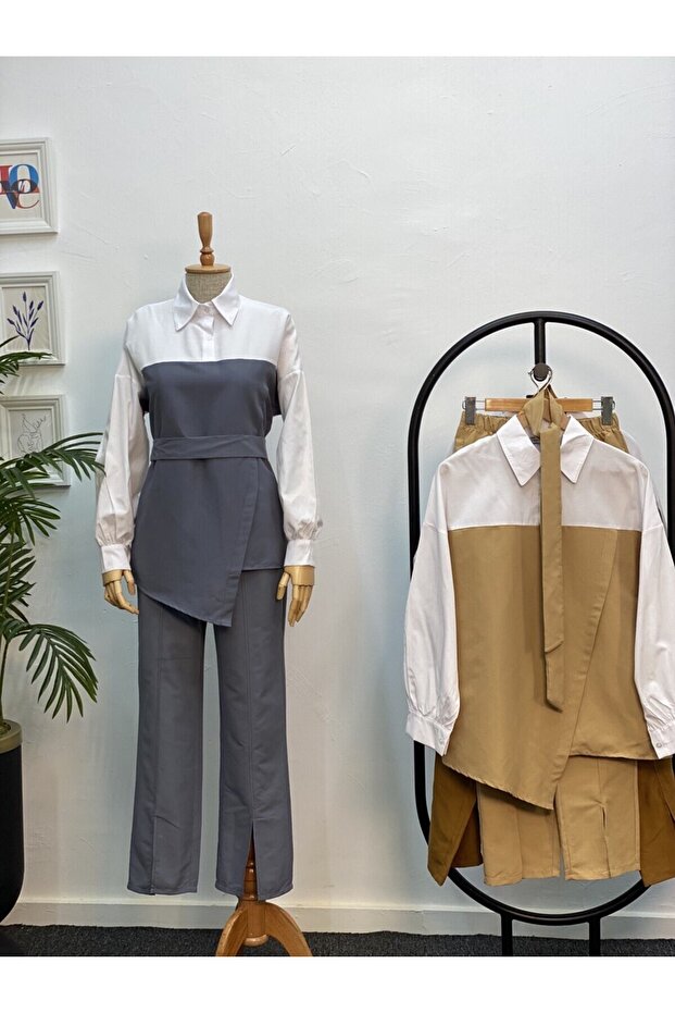 4443 - طقم حجاب مزدوج رمادي - 4