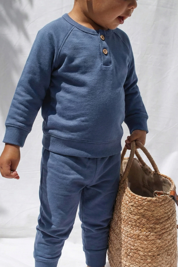 Men's Basic Set with Raglan Sleeve Placket 1-5 Years Indigo Blue