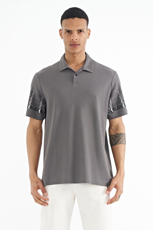 Dark Gray Sleeve Print Detailed Polo Collar Standard Form Men's T-shirt - 88240