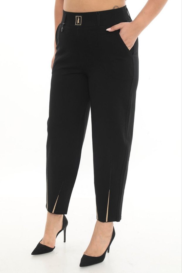 Plus Size Mom Fit Women's Trousers with Stone Detail on the Legs