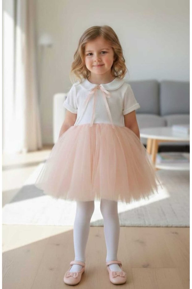 Perla Short Sleeve Girl's Princess Fluffy Tutu Dress Baby Collar Flexible Lycra Salmon White