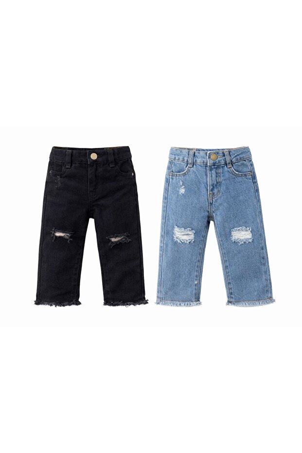 Children's Jeans Ripped Detailed Trousers 2 Pieces Black and Blue Set