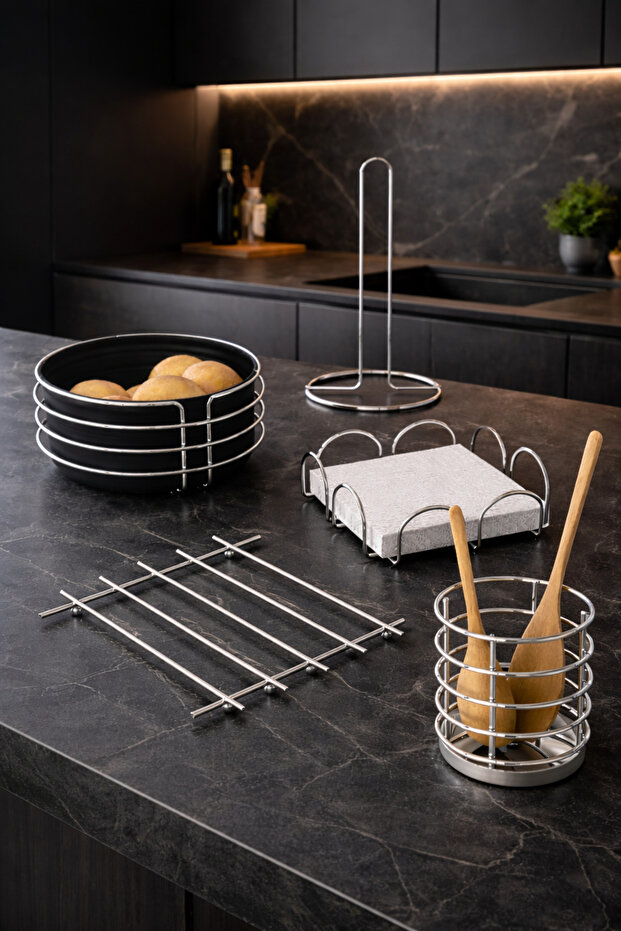 Luxury Stainless Service Presentation Set and Bread Basket, Towel Holder, Napkin Holder, Trivet, Bread Holder, Spoon Holder, Set of 5