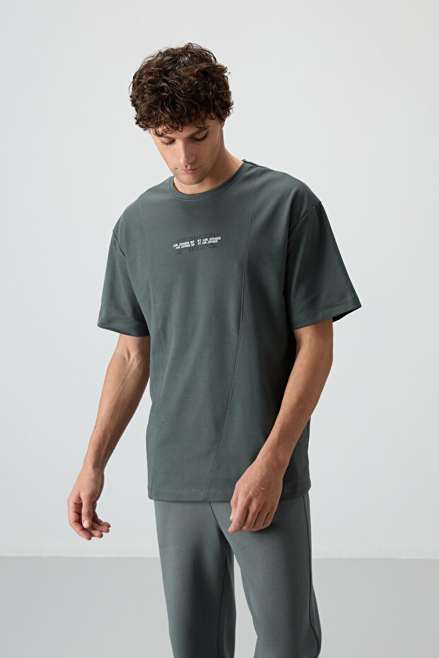 Khaki Cotton Thick Surface Textured Oversize Fit Printed Men's T-Shirt - 88372