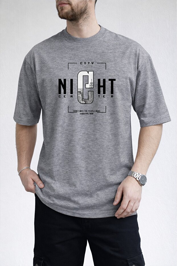 Men's Night Center Text Printed Crew Neck Gray T-Shirt