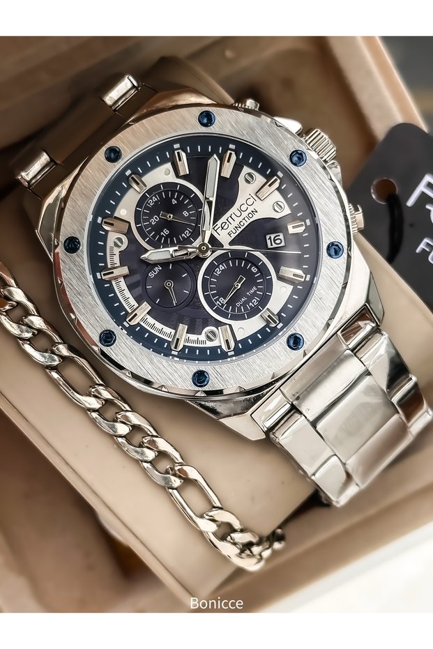 Men's Wristwatch, with Calendar, Functions Active, Navy Blue Silver Steel Band, with Bracelet Gift