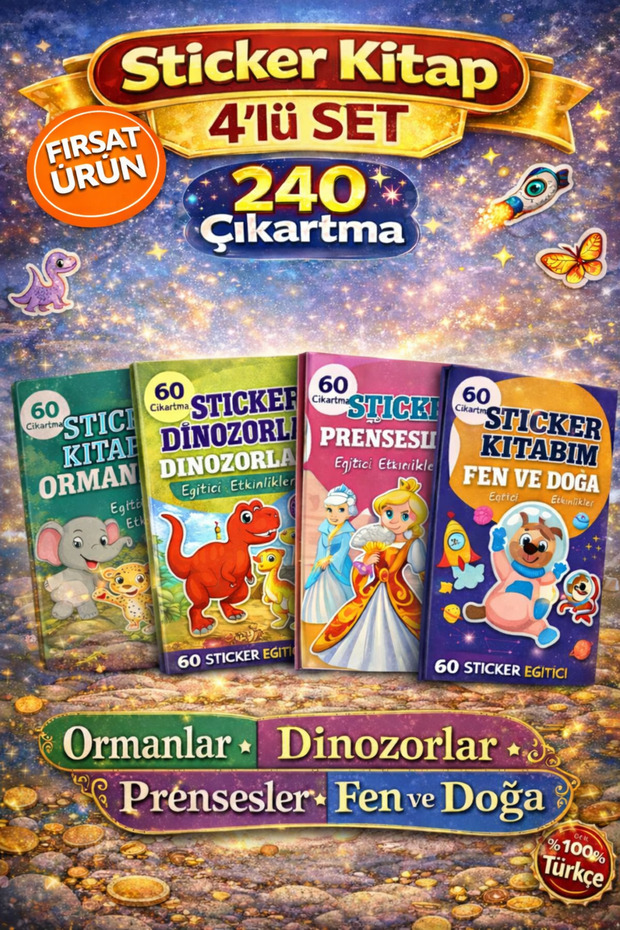 ANI OFİS KIRTASİYE A K 60 Çıkartmalı Sticker Kitabı –Eğitici Etkinlik Kitabı (Ormanlar, Dinazorlar, Prenses, Fen Ve Doğa)