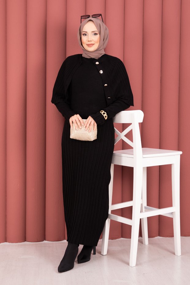Button Detailed Cape Knitwear Dress Set Black