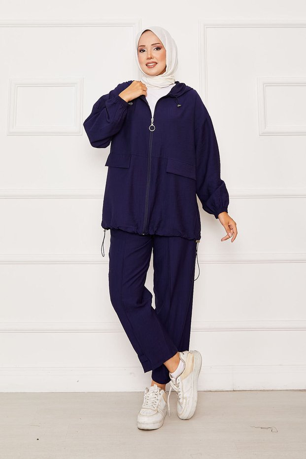 Hooded Zipper Detailed Casual Double Suit Navy Blue