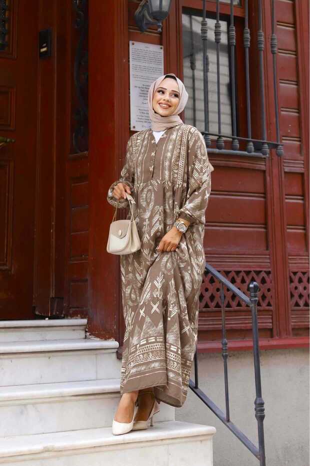 Half Button Detailed Viscon Dress Light Brown