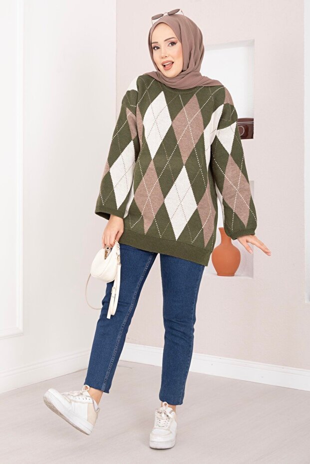 Baklava Pattern Oversized Knitwear Sweater Khaki