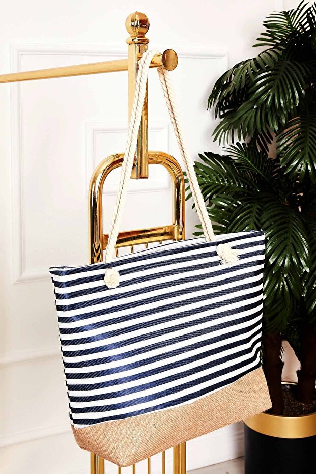 Patterned Straw Detailed Beach Bag -130
