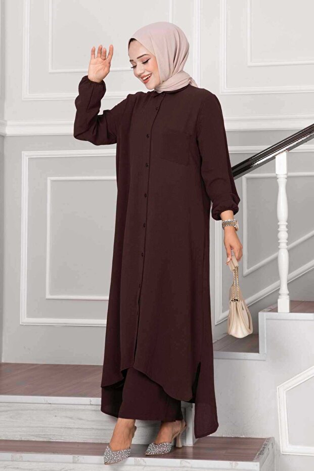 Buttoned Aerobin Hijab Double Set in Brown