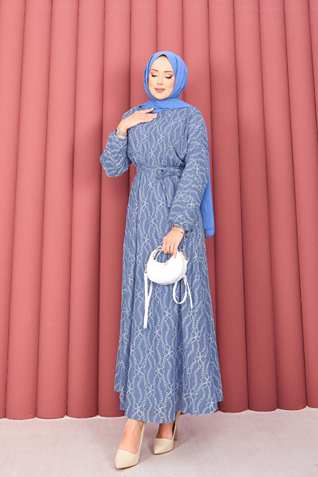 Lace-Textured Detachable Belt Modest Dress Indigo