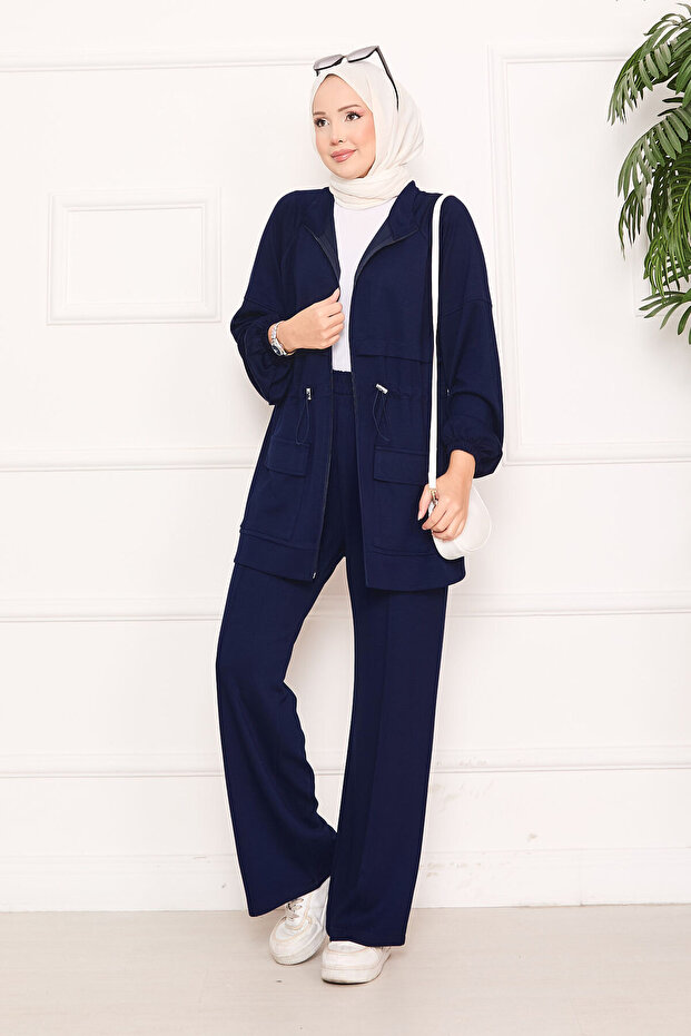 Adjustable Waist Pocket Detail Modest Two-Piece Set Navy Blue