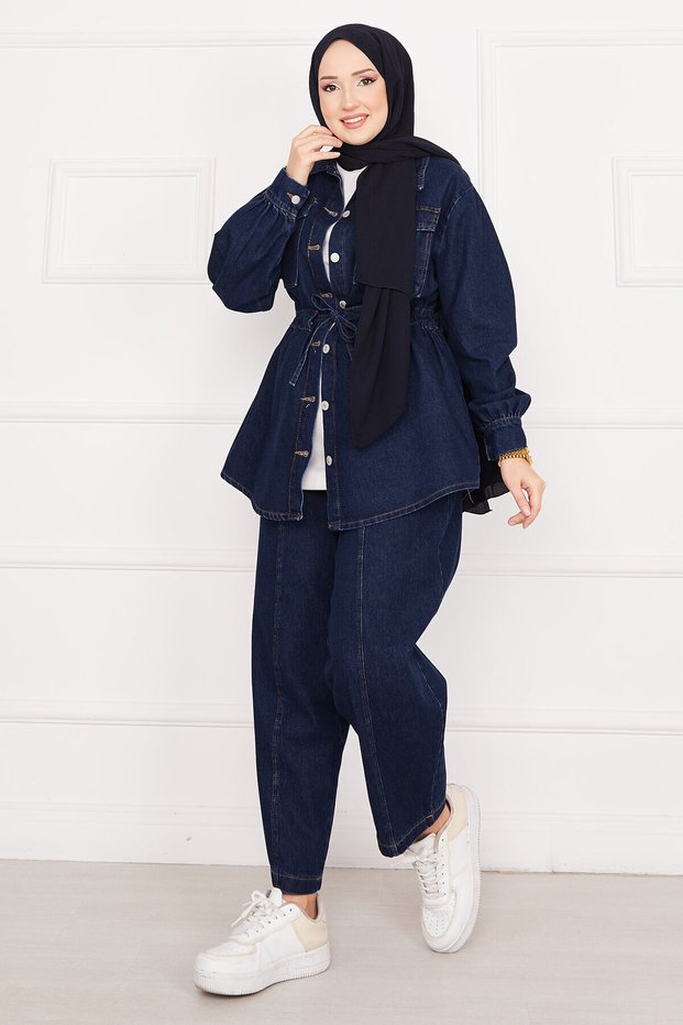 Pocket Detailed Waist-Tied Hijab Jeans Set Navy Blue