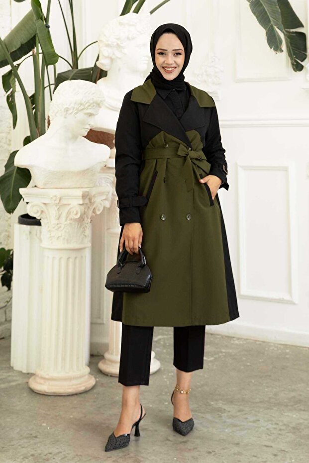 Double Color Button Detailed Trench Khaki