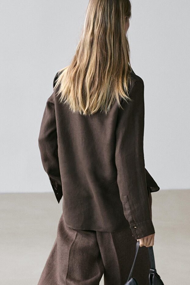 Dökümlü %100 keten gömlek - 4