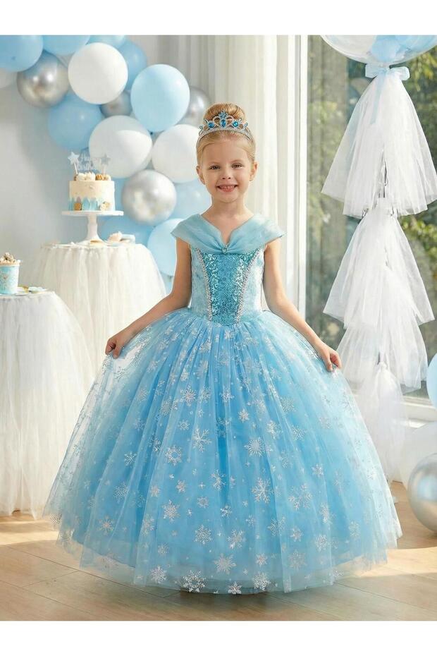 Girl's Costume Blue Elsa Frozen Off-Shoulder Detailed Pulley Puffy Elsa Costume 3-8 Years Old