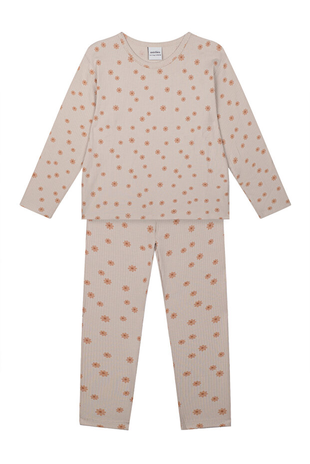 Beige Wildflowers Patterned Bamboo Fabric Elastic Waist Long Sleeve Girls Pajama Set
