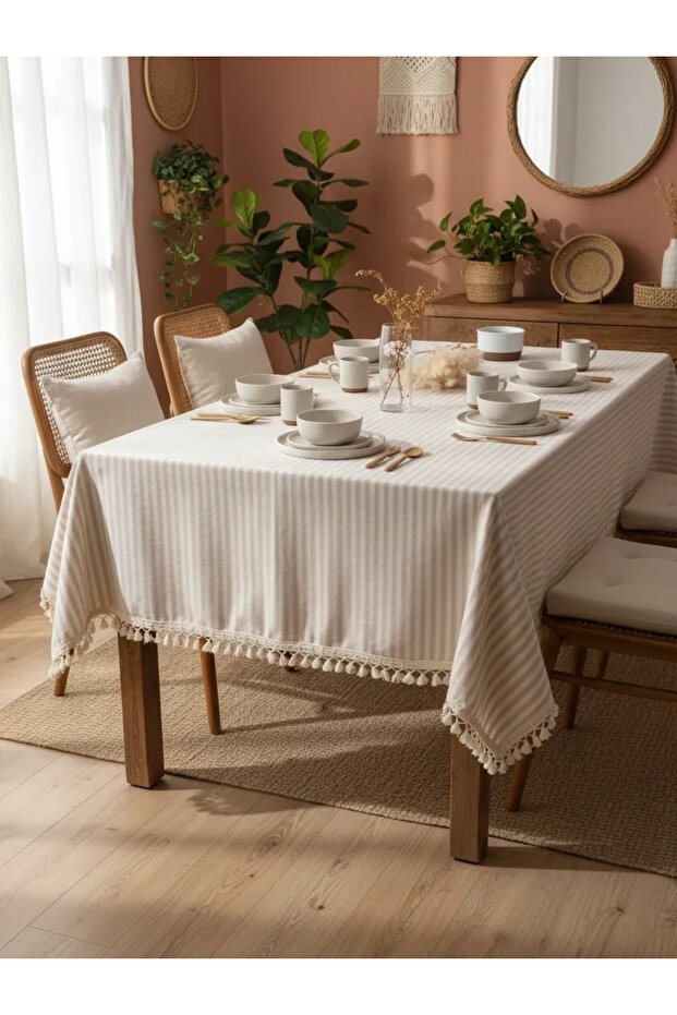 Beige Striped Linen Pompom Tablecloth
