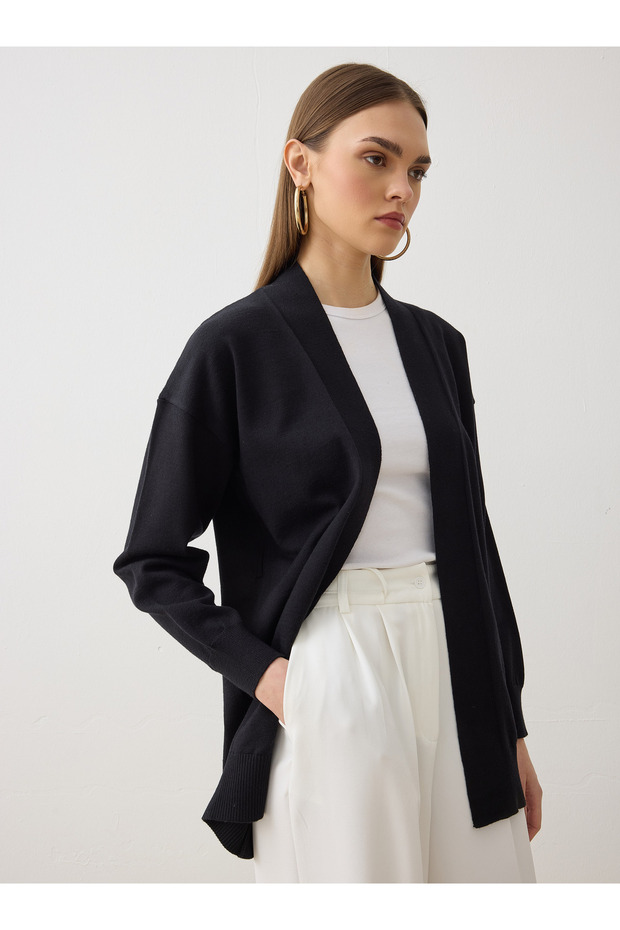 Kemerli Triko Hırka - Siyah - - 4